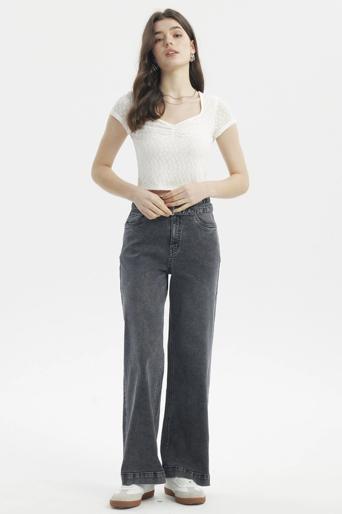 Jeans Mujer Calce Recto Doble Cintura Gris