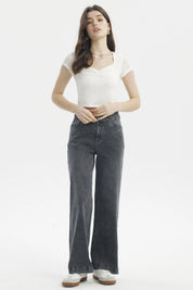Jeans Mujer Calce Recto Doble Cintura Gris