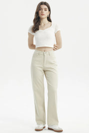 Jeans mujer calce recto color beige sin estampa diseño liso con bolsillos delanteros visibles
