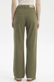 Jeans rectos verde militar mujer con diseño liso y cierre de botón frontal visibles