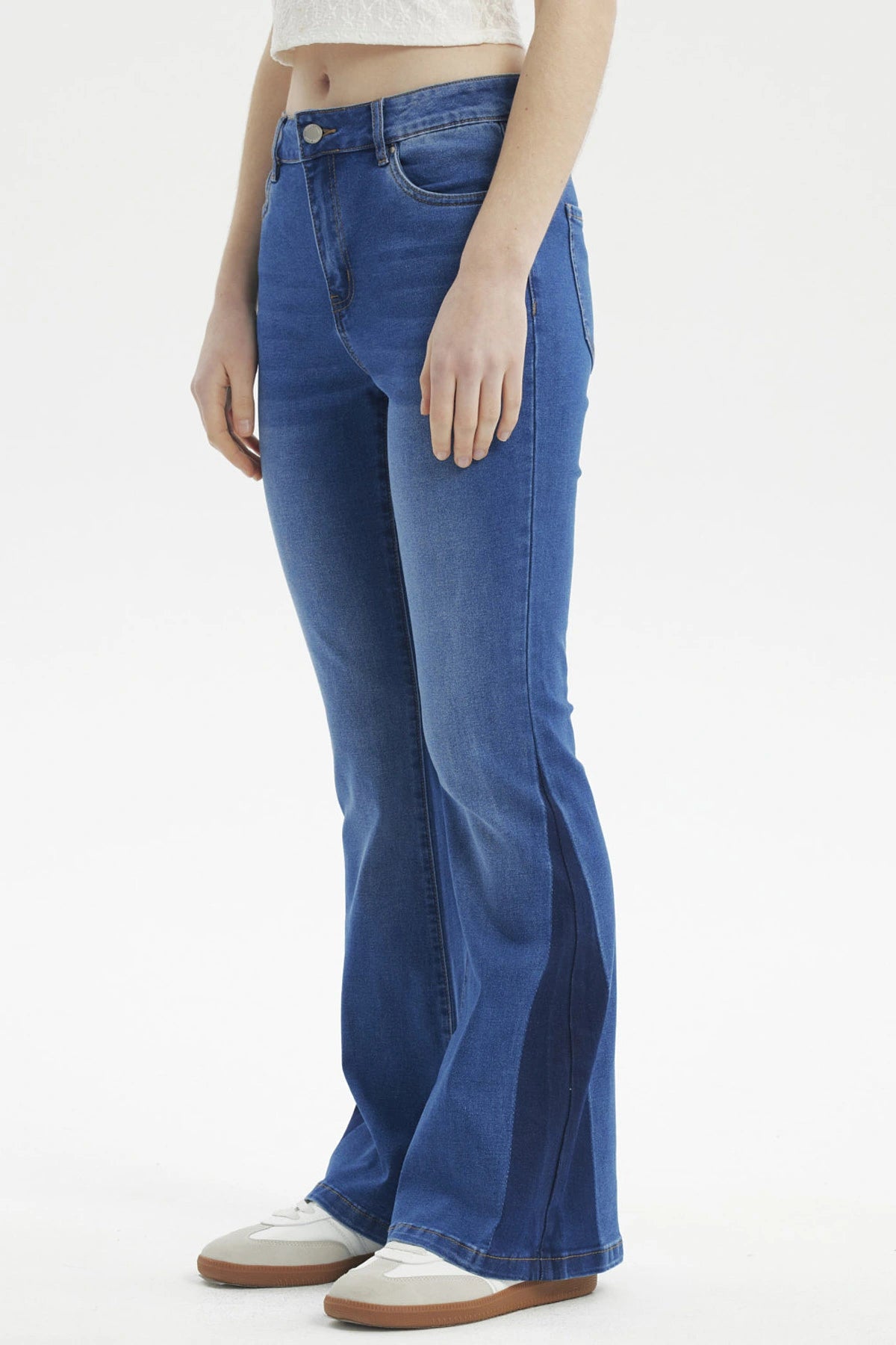 Jeans Mujer Flare Bota Bicolor Azul