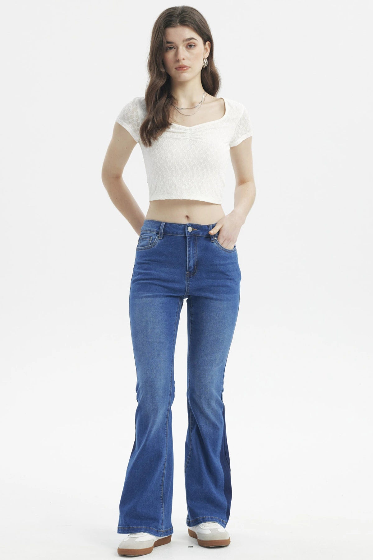 Jeans Mujer Flare Bota Bicolor Azul