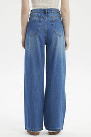 Jeans baggy mujer azul con diseño liso de pierna ancha y costuras visibles estilo casual