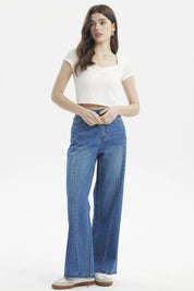 Jeans baggy mujer azul con diseño liso de pierna ancha y costuras visibles estilo casual