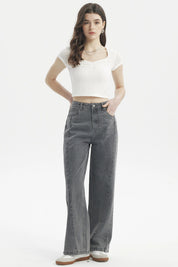 Jeans mujer baggy gris de tiro alto con diseño liso y ajuste relajado ideal para un look casual moderno