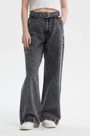 Jeans Mujer Wide Leg Cinturon Gris Oscuro