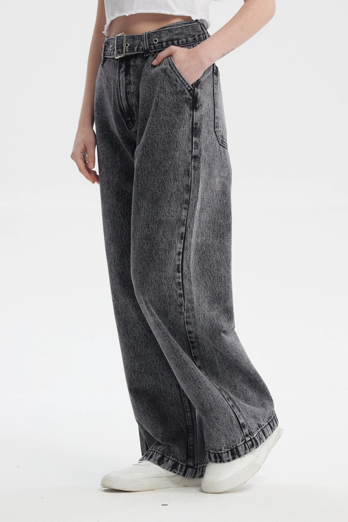 Jeans Mujer Wide Leg Cinturon Gris Oscuro