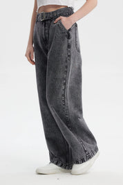 Jeans Mujer Wide Leg Cinturon Gris Oscuro