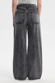 Jeans Mujer Wide Leg Cinturon Gris Oscuro