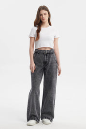 Jeans Mujer Wide Leg Cinturon Gris Oscuro