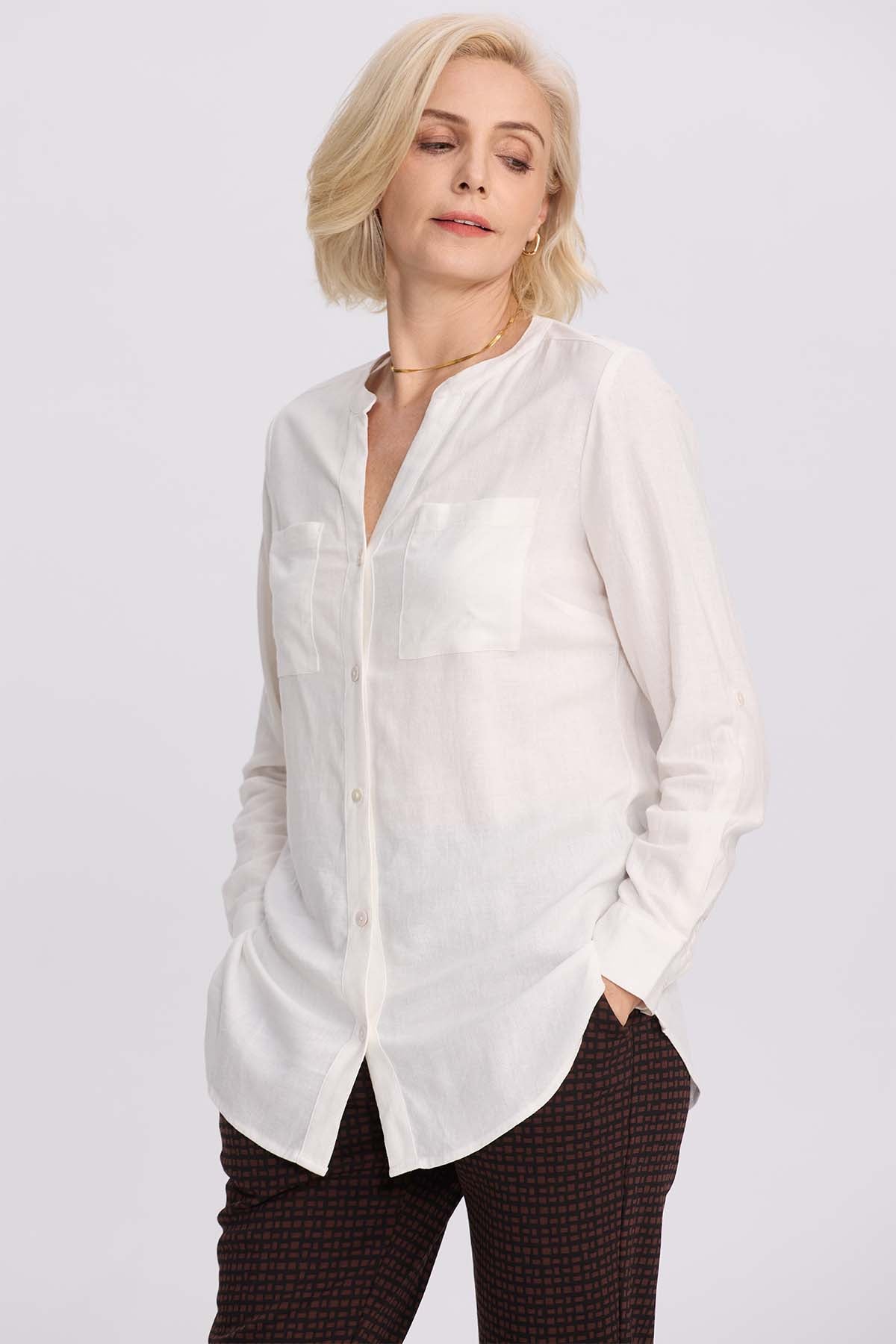 Blusa Mujer Lino Roll Up Con Botón Crudo