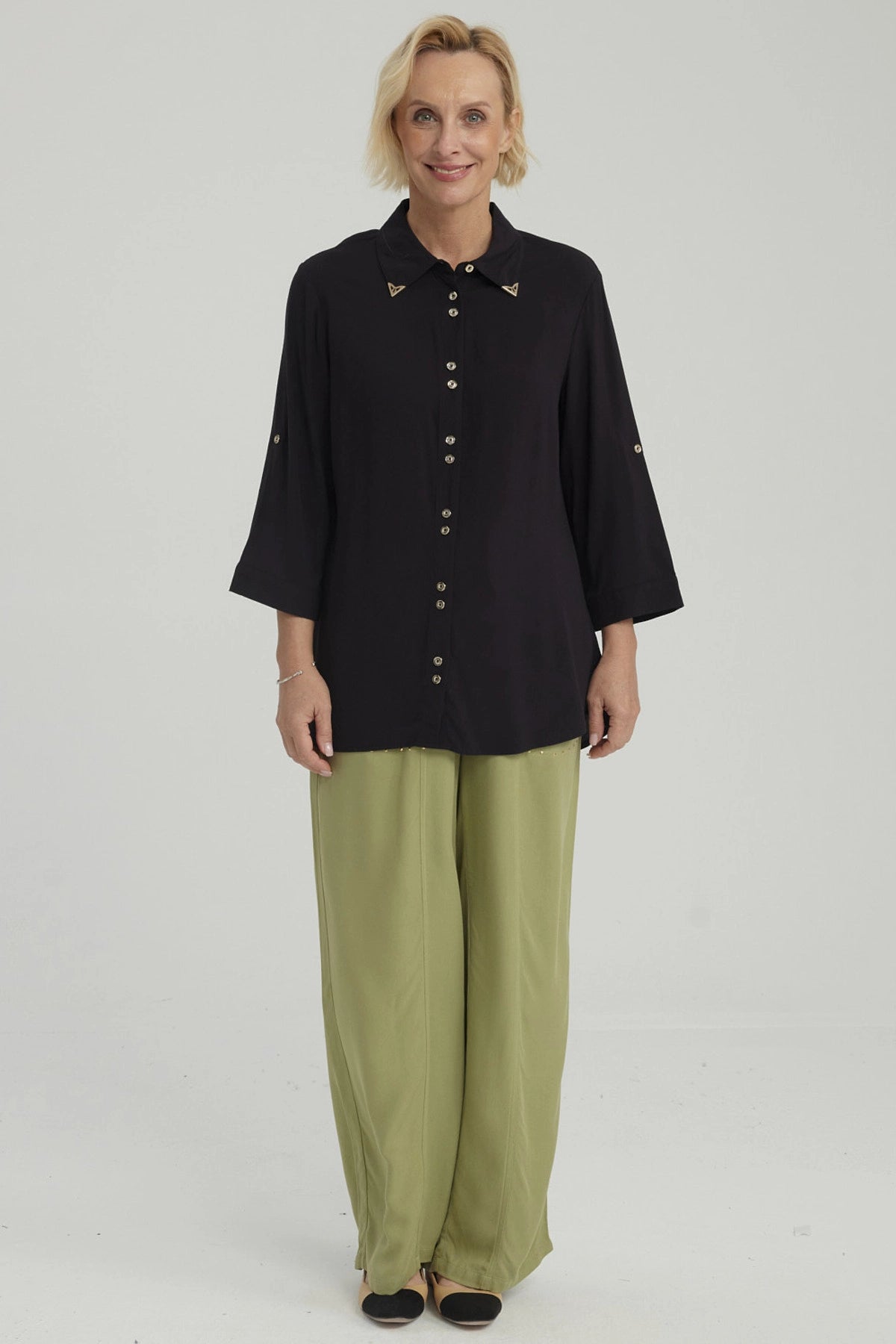 Blusa Mujer Abotonada Roll Up Negro