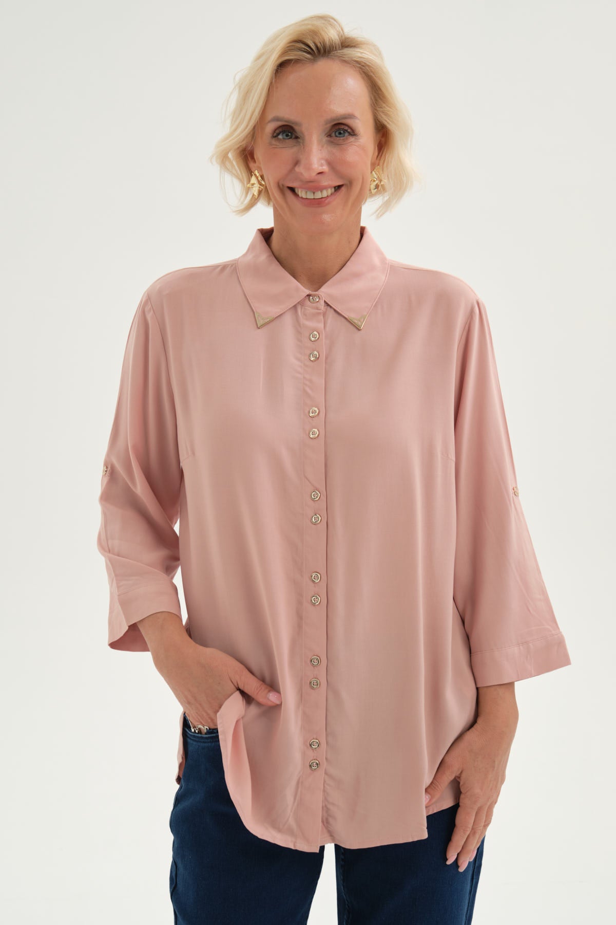 Blusa Mujer Abotonada Roll Up Palo Rosa