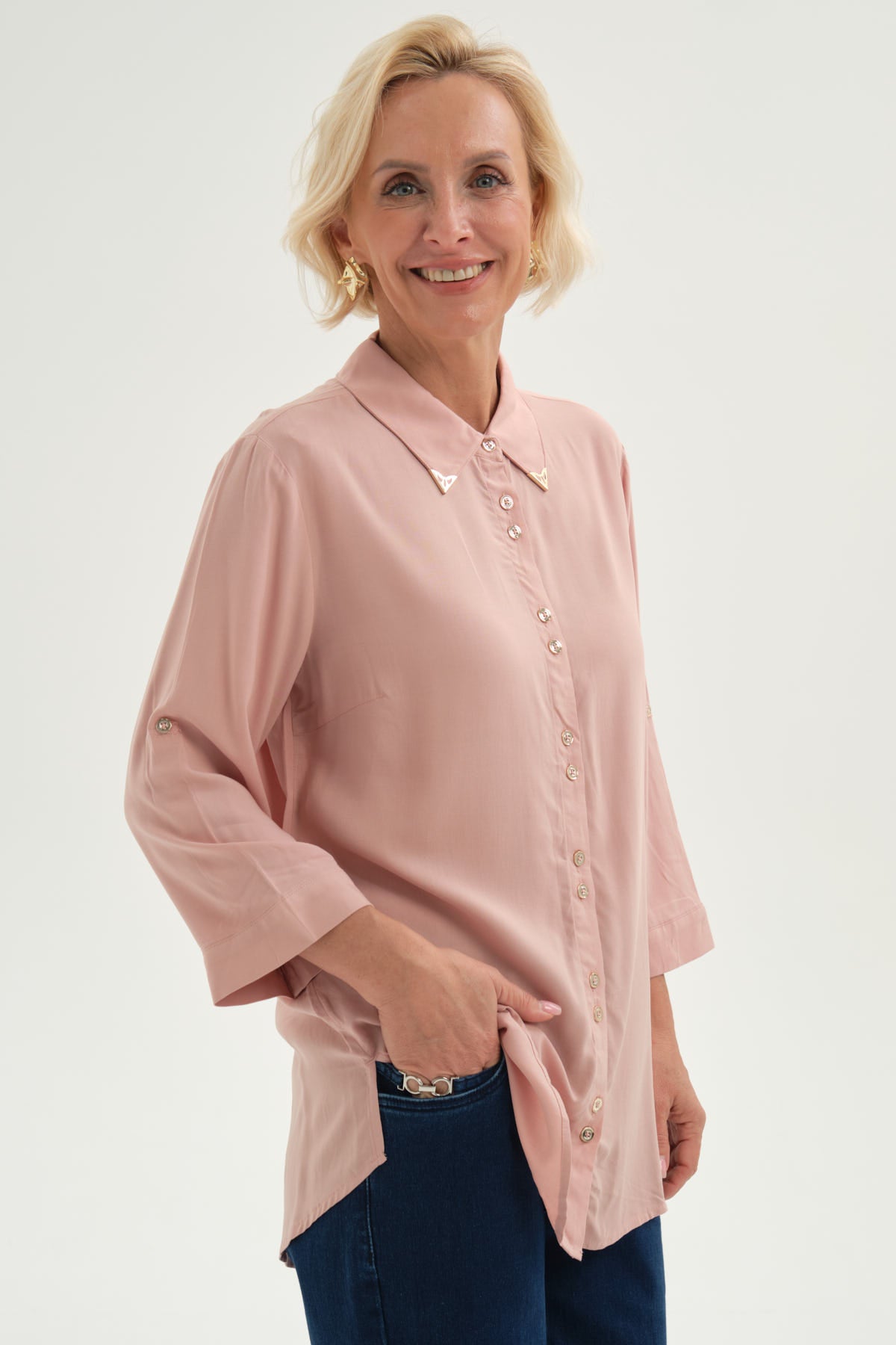 Blusa Mujer Abotonada Roll Up Palo Rosa