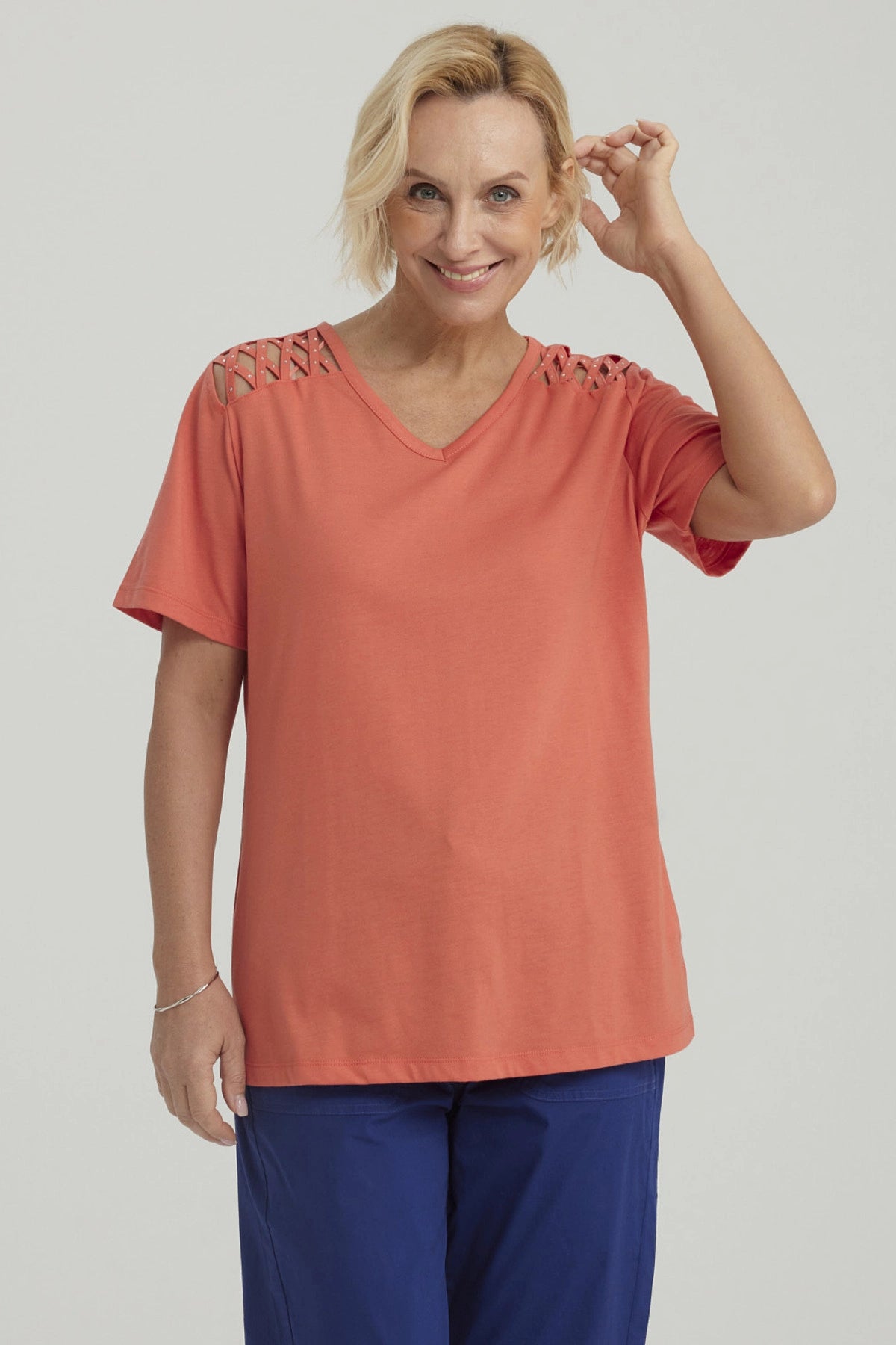 Polera Mujer Detalle Hombro Terracota