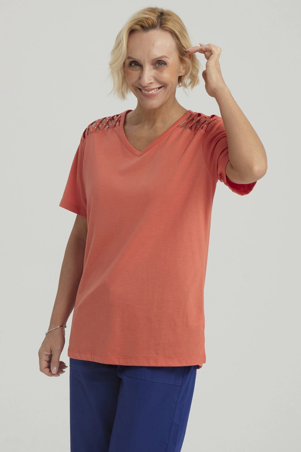Polera Mujer Detalle Hombro Terracota