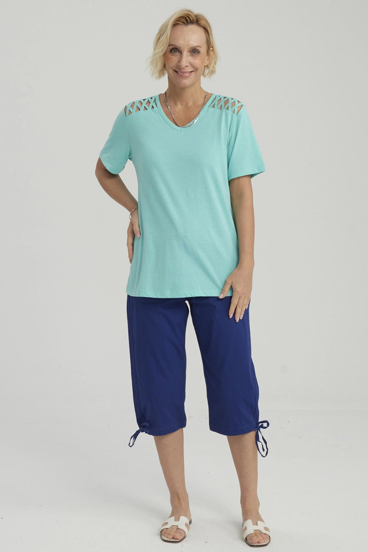 Polera Mujer Detalle Hombro Turquesa