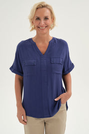 Blusa Mujer Lisa 2 Tapetas Azul
