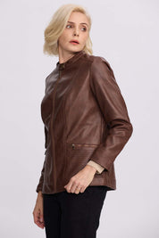 Chaqueta Mujer Efecto Cuero Cafe Oscuro