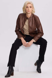 Chaqueta Mujer Efecto Cuero Cafe Oscuro