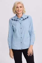 Blusa Mujer Denim Bordada Azul Claro