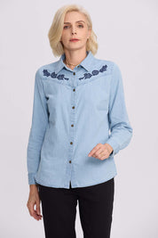 Blusa Mujer Denim Bordada Azul Claro