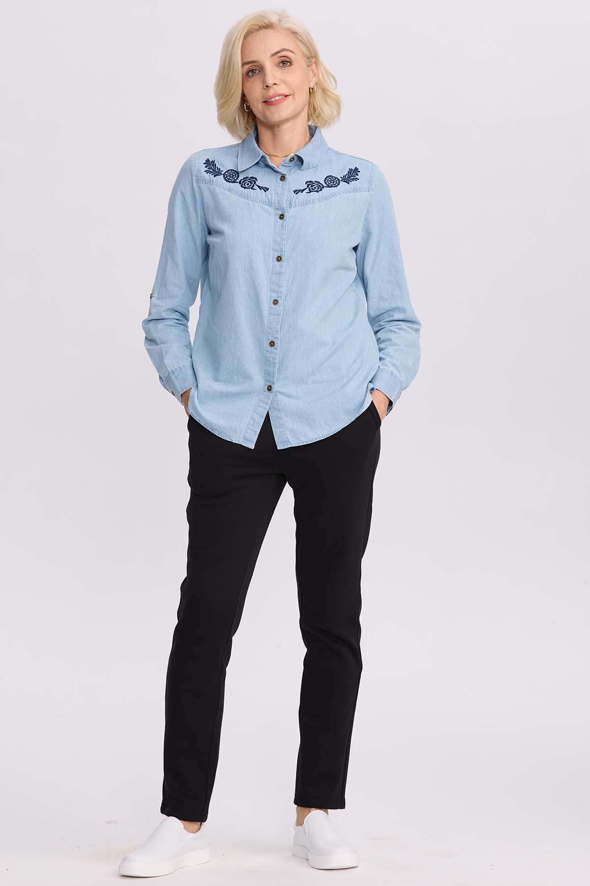 Blusa Mujer Denim Bordada Azul Claro