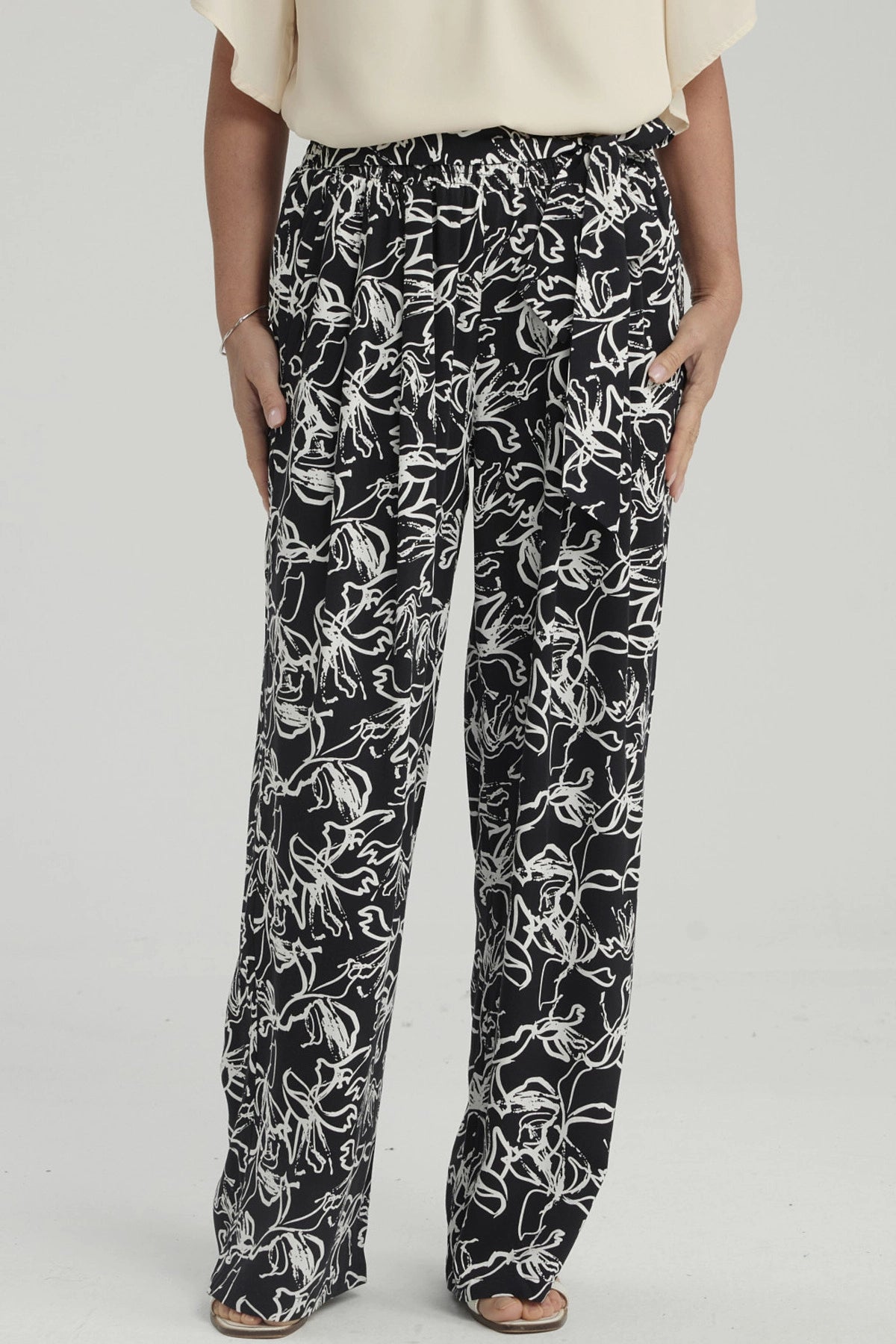 Pantalón Mujer Palazzo Print Negro / Blanco