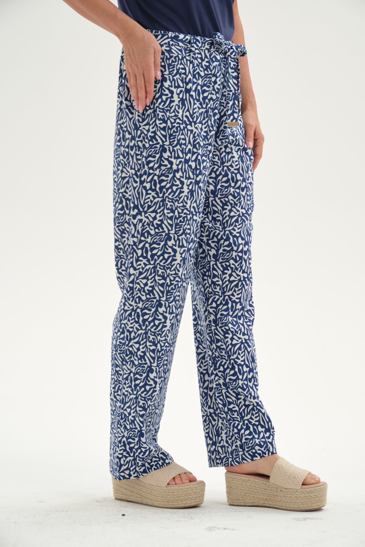 Pantalón Mujer Lino Pretina Elasticada Azul