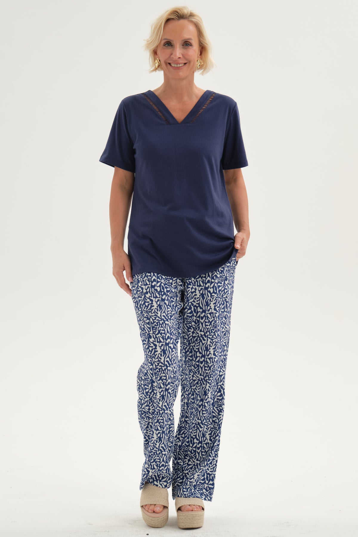 Pantalón Mujer Lino Pretina Elasticada Azul