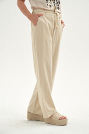 Pantalón Mujer Lino Pretina Elasticada Beige