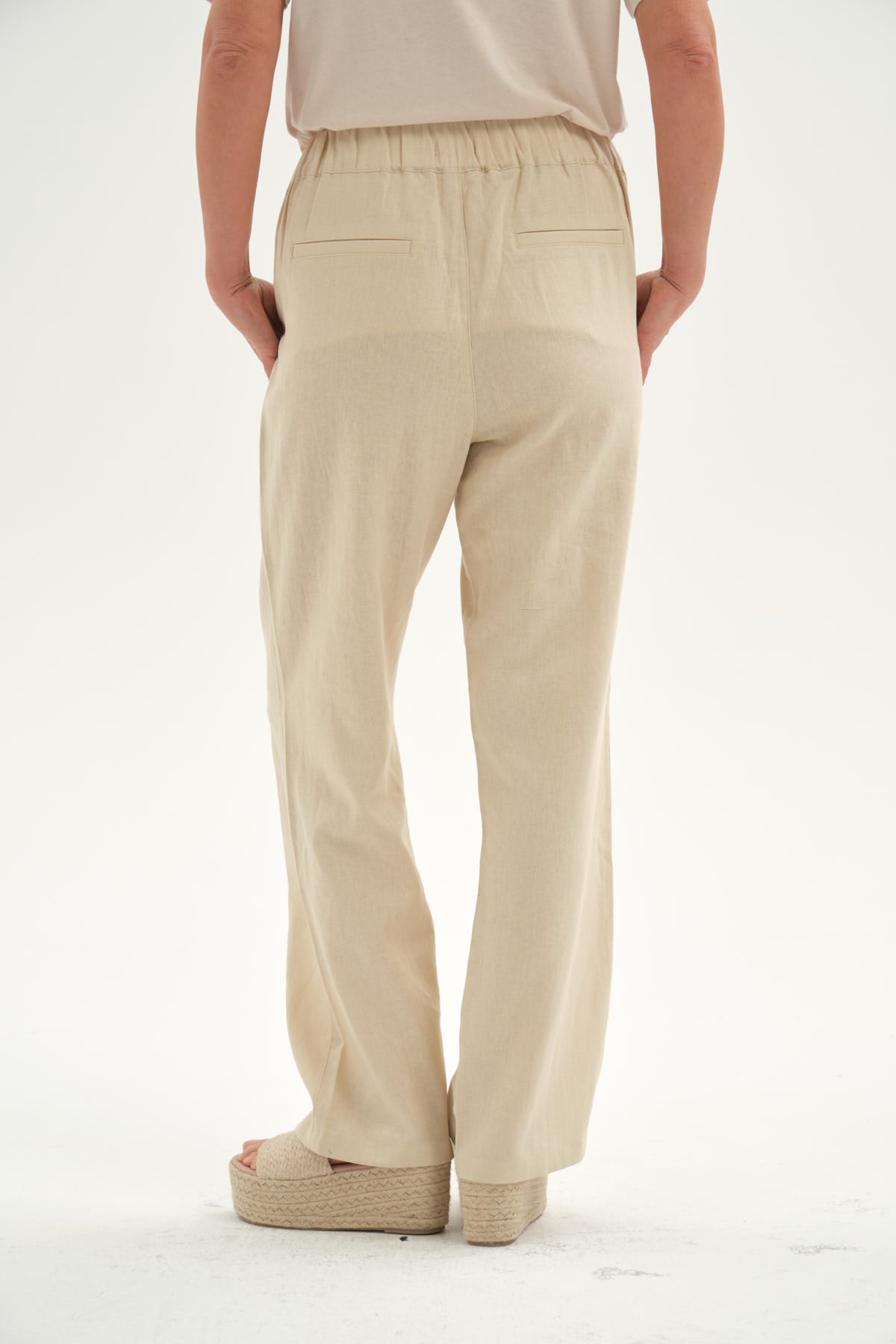 Pantalón Mujer Lino Pretina Elasticada Beige
