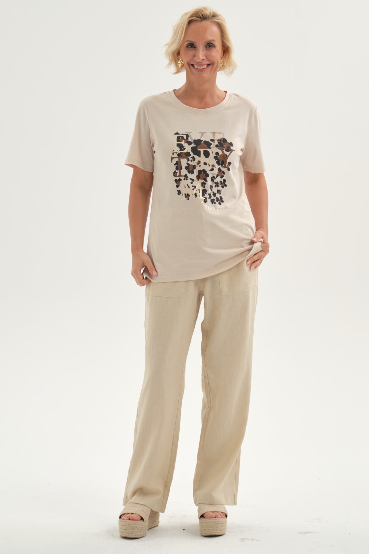 Pantalón Mujer Lino Pretina Elasticada Beige