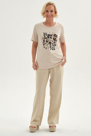 Pantalón Mujer Lino Pretina Elasticada Beige
