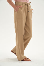 Pantalón Mujer Lino Pretina Elasticada Camel