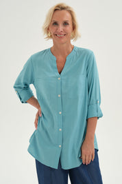 Blusa Mujer Roll Up Abotonada Celeste