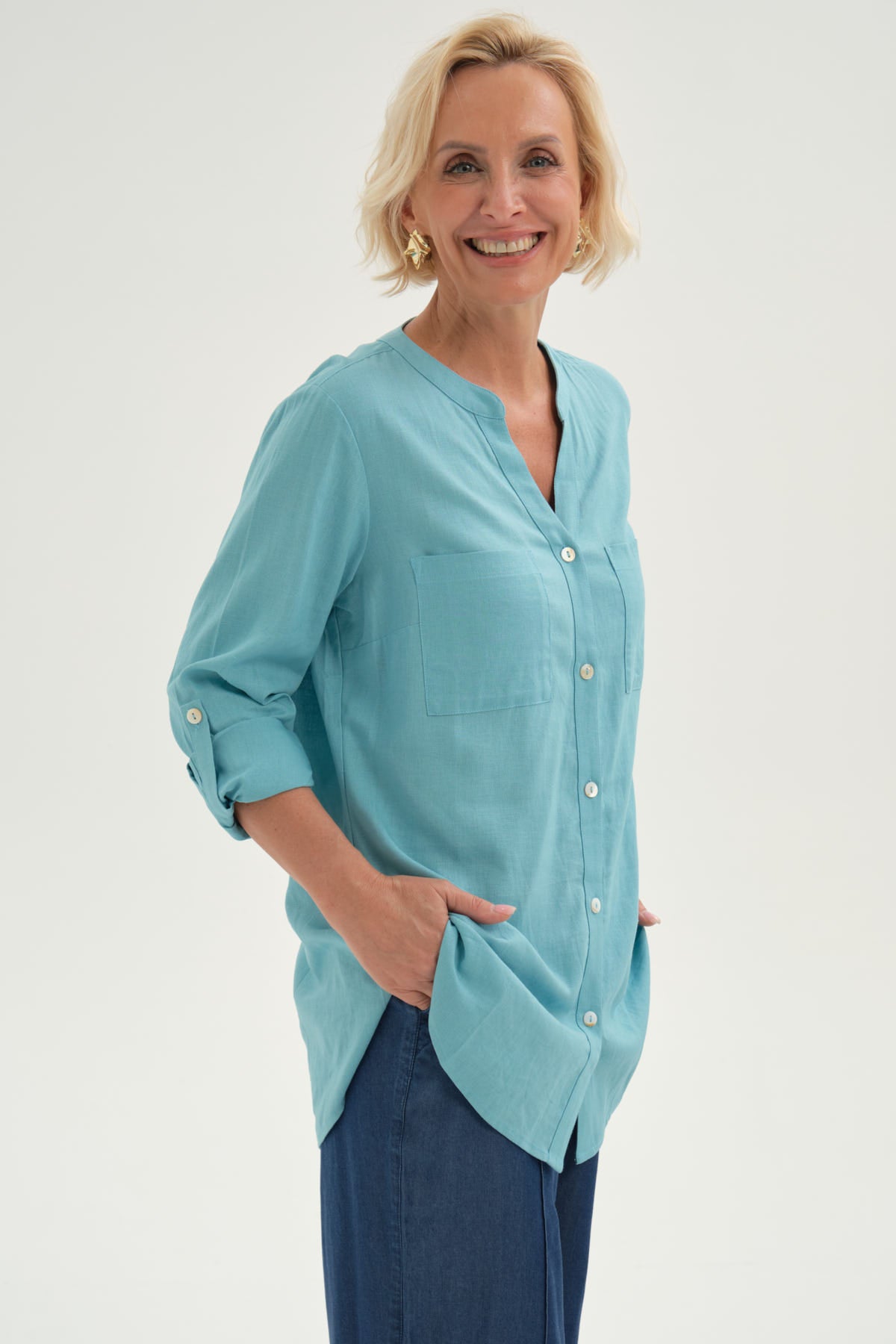 Blusa Mujer Roll Up Abotonada Celeste