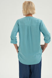 Blusa Mujer Roll Up Abotonada Celeste