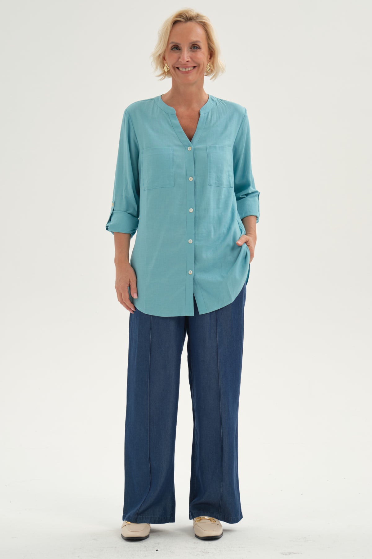 Blusa Mujer Roll Up Abotonada Celeste