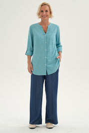 Blusa Mujer Roll Up Abotonada Celeste