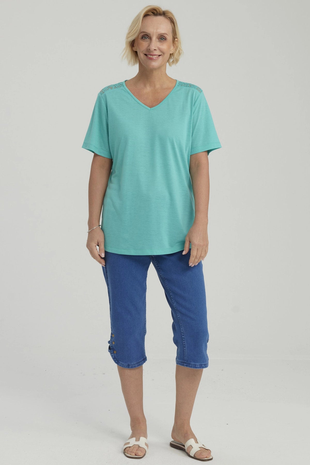 Polera Mujer Detalle Encaje Turquesa