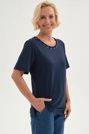 Polera Mujer Detalle Cuello Azul