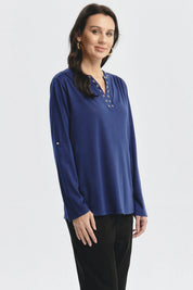 Polera Mujer Cuello Abotónado Azul