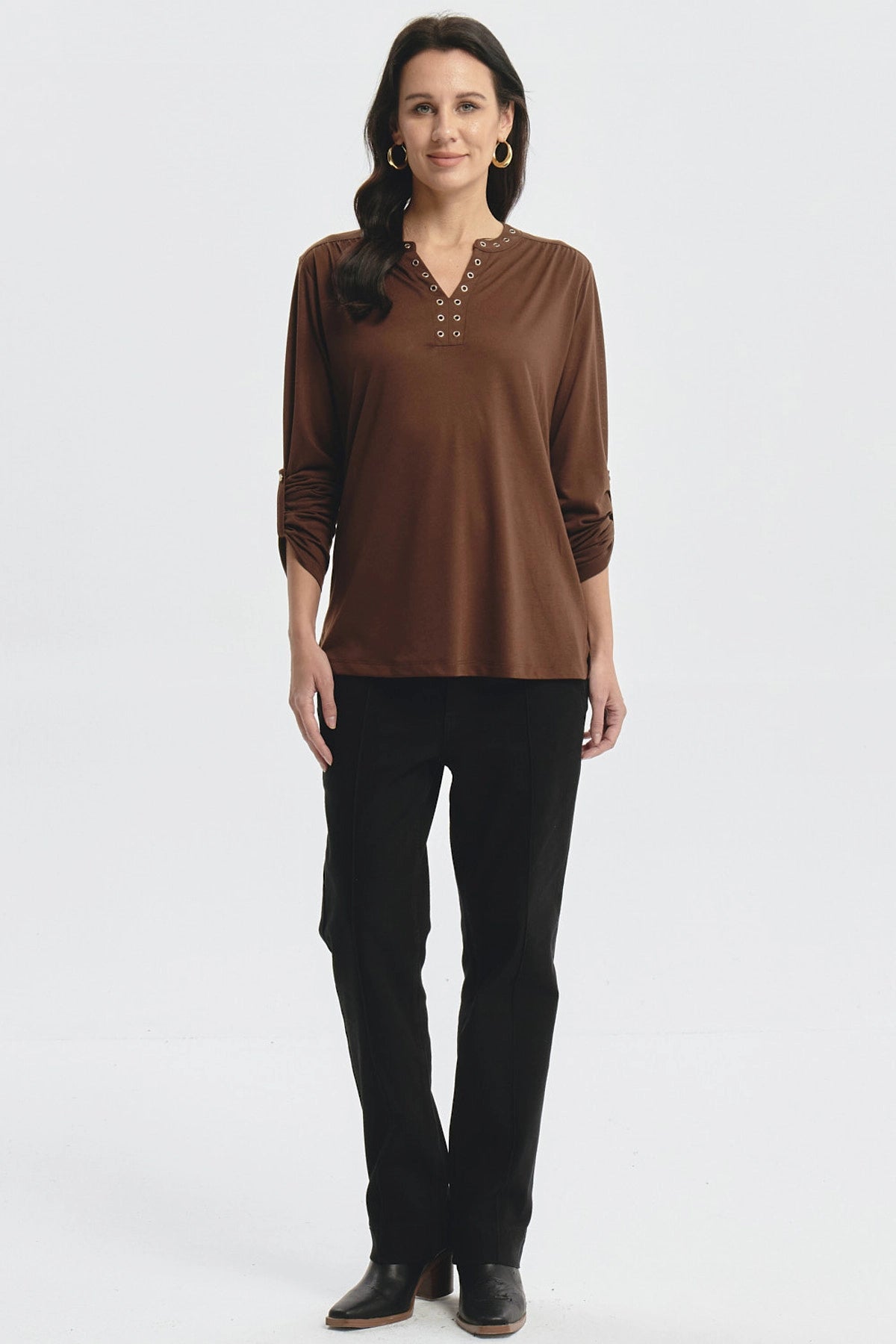Polera Mujer Cuello Abotónado Café