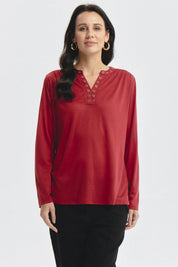 Polera Mujer Cuello Abotónado Rojo