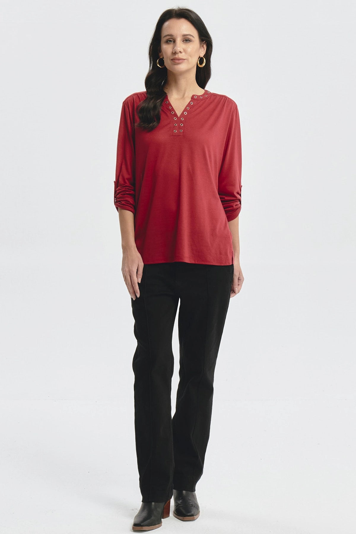 Polera Mujer Cuello Abotónado Rojo