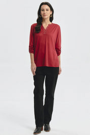 Polera Mujer Cuello Abotónado Rojo
