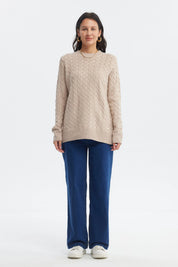 Sweater beige de mujer con tejido calado en patrón de espiga sin estampa diseño elegante y acogedor