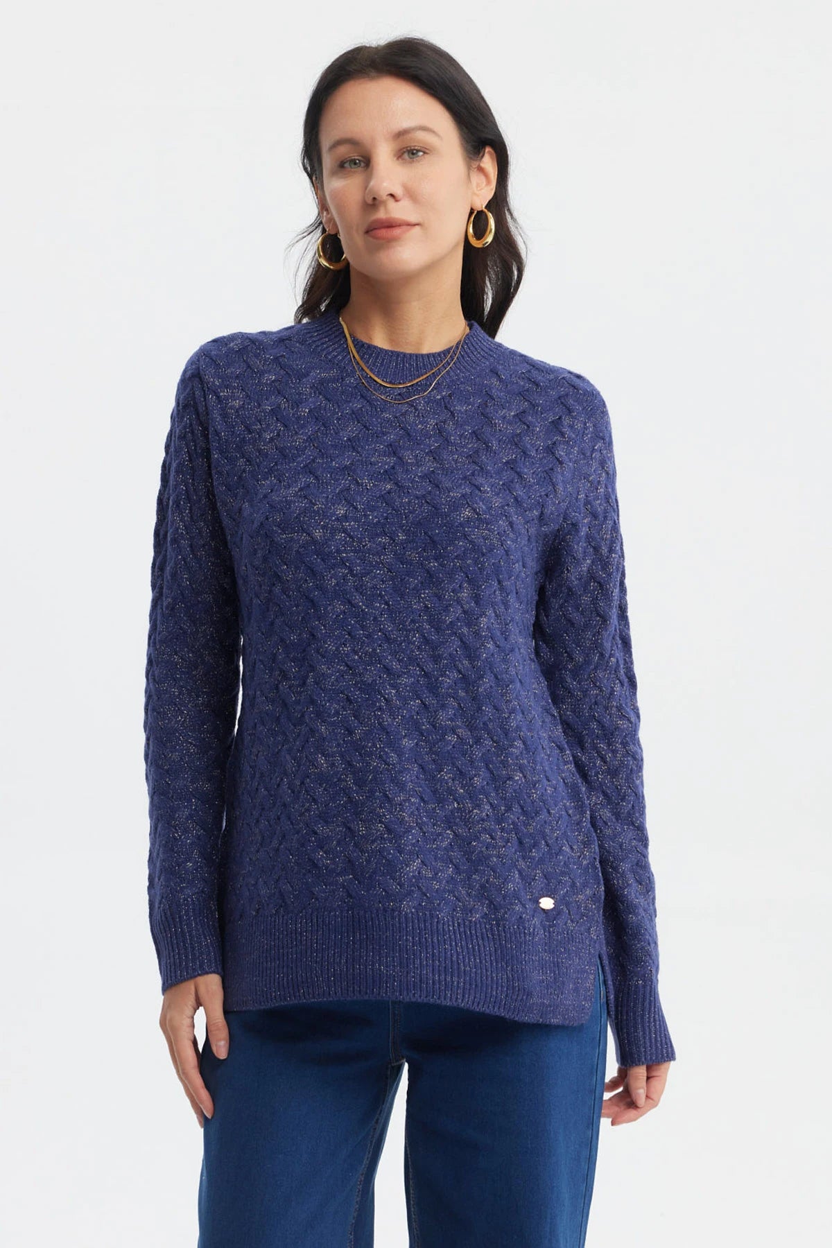 Sweater mujer azul oscuro con diseño calado en patrón de trenzas estilo clásico sin estampa lisa elegante