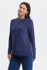 Sweater mujer azul oscuro con diseño calado en patrón de trenzas estilo clásico sin estampa lisa elegante